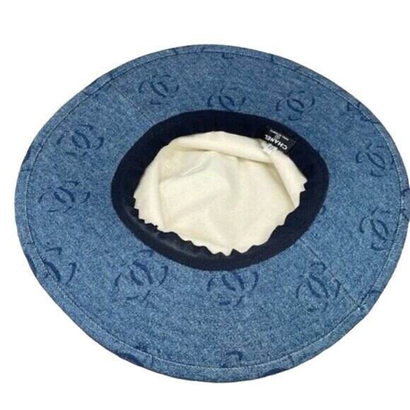 Authentic CHANEL CC Denim Hat Wide Brim Bucket Cap 58 Blue - Picture 4 of 5